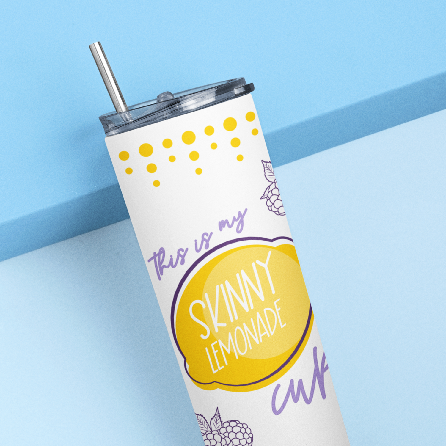 Image of a white tumbler with "This is my skinnny lemonade cup" and a picture of a lemon