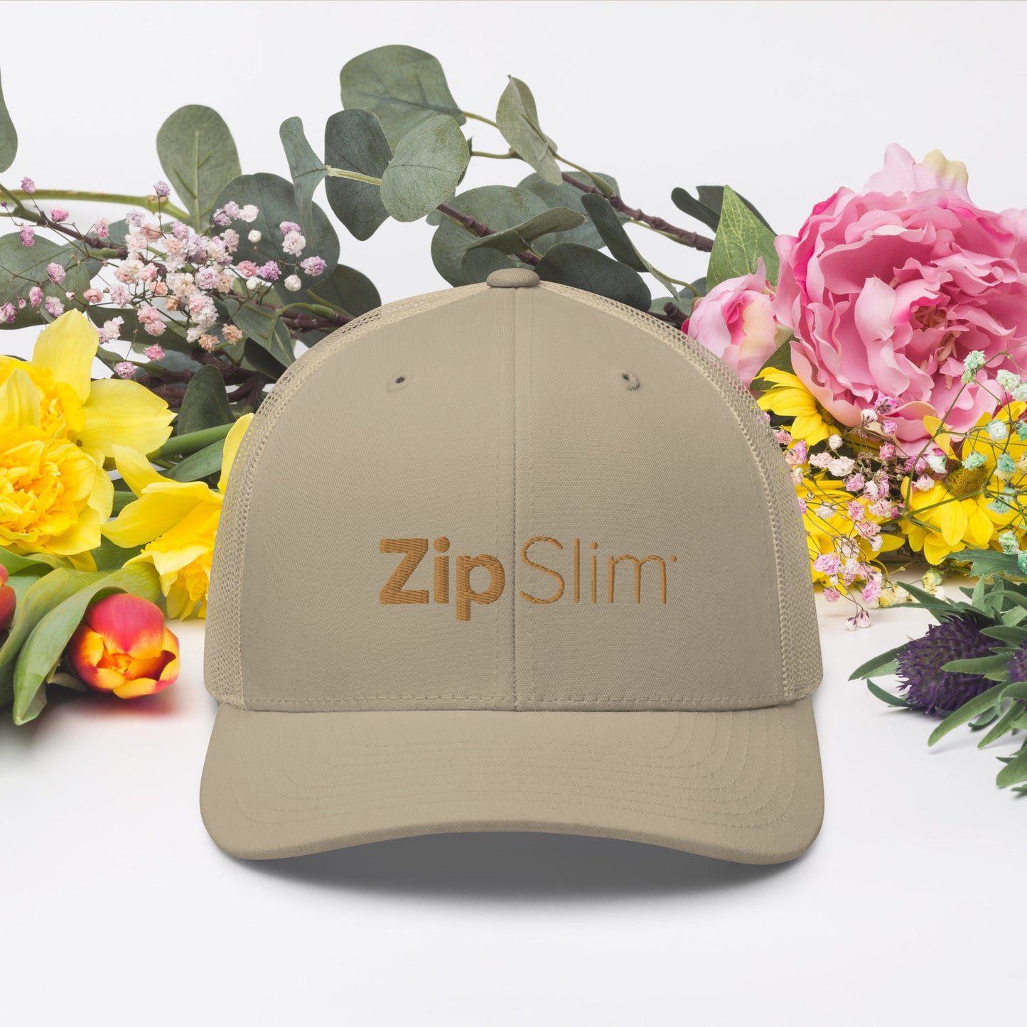 ZipSlim® Gold Embroidered Snap-back Trucker Cap